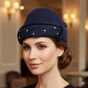 Neumann Endler Navy Blue Wool Cloche Hat Rhinestones Fair Field Felts Vintage